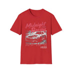 Red t-shirt with Midnight Racing graphic, street race car design, Japanese text, GT Motorsport theme