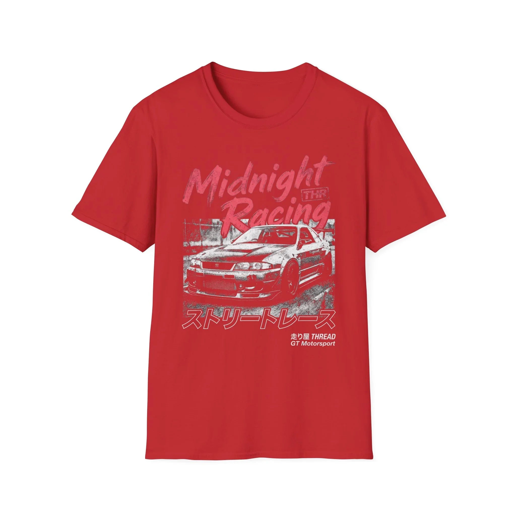 Red t-shirt with Midnight Racing graphic, street race car design, Japanese text, GT Motorsport theme