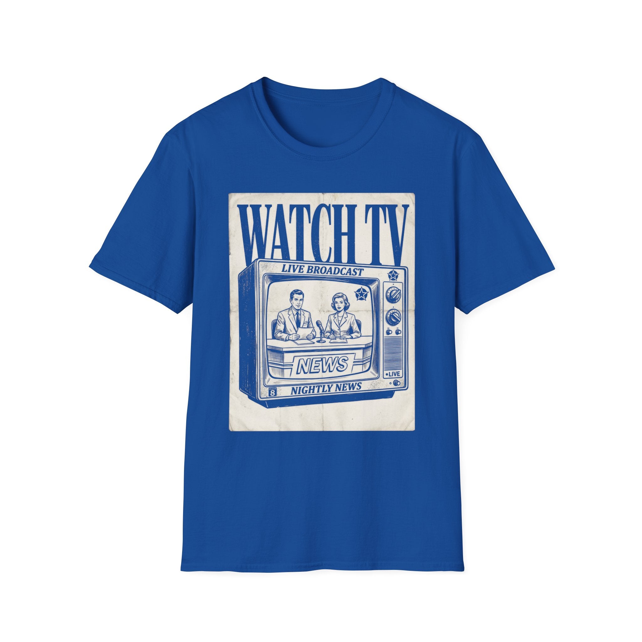 Vintage "WATCH TV" News Graphic T-Shirt - Retro Broadcast Nostalgia Tee