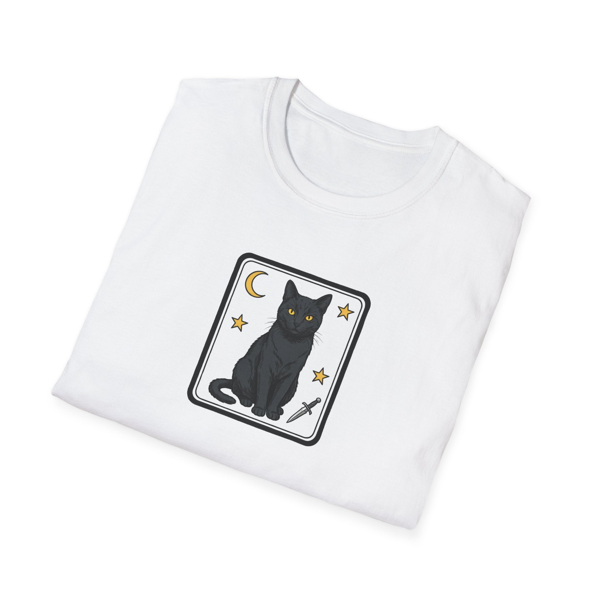 Mystical Black Cat Tarot Card Unisex T-Shirt | Gothic Moon and Dagger Graphic Tee