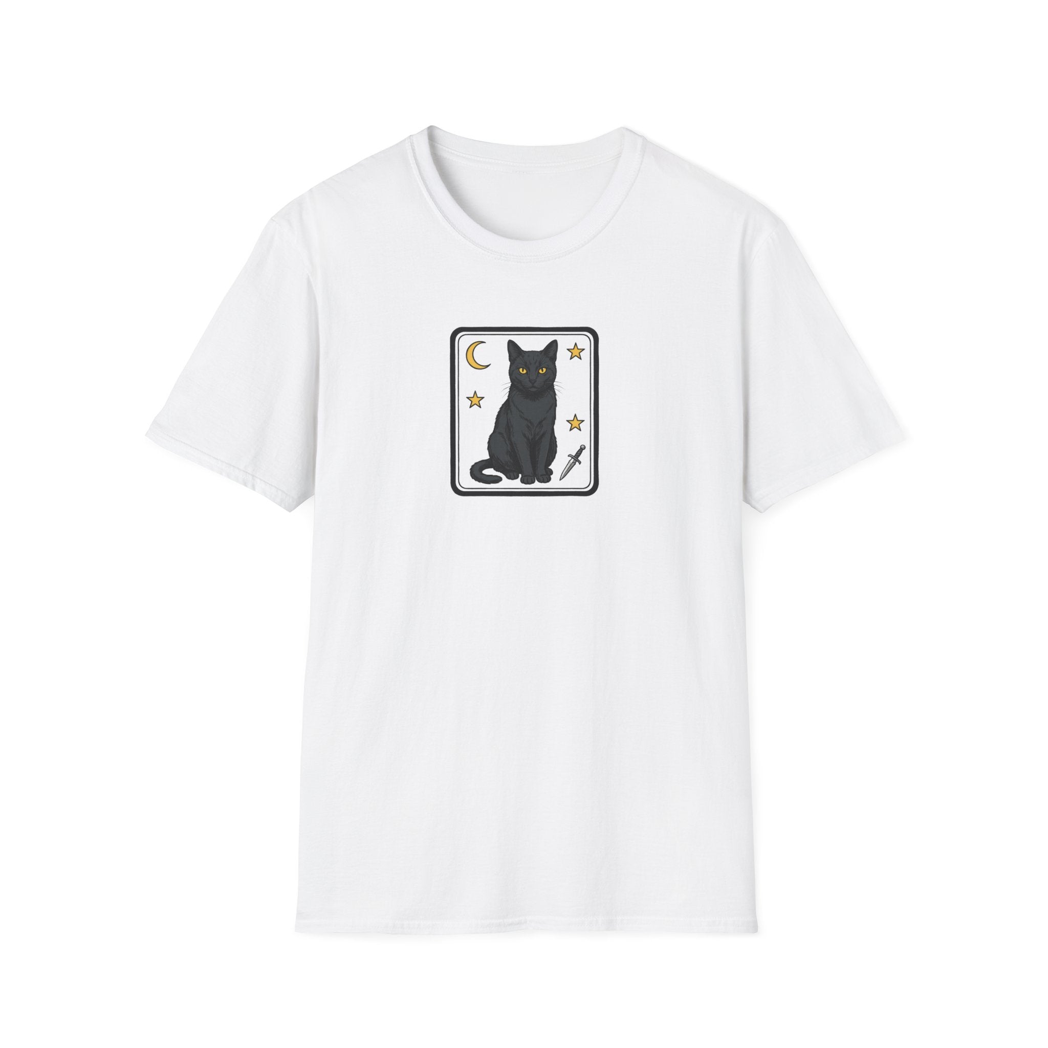 Mystical Black Cat Tarot Card Unisex T-Shirt | Gothic Moon and Dagger Graphic Tee