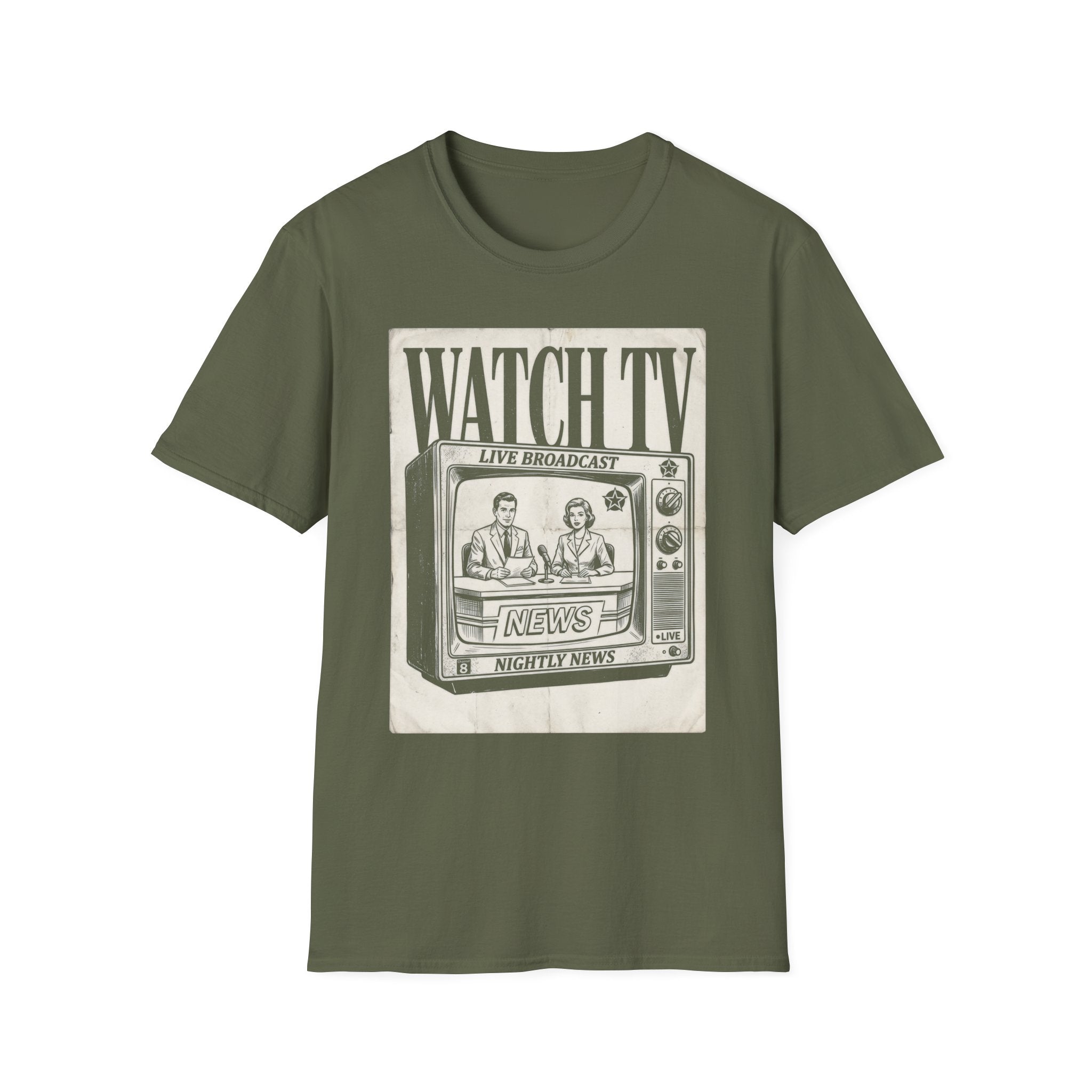 Vintage "WATCH TV" News Graphic T-Shirt - Retro Broadcast Nostalgia Tee