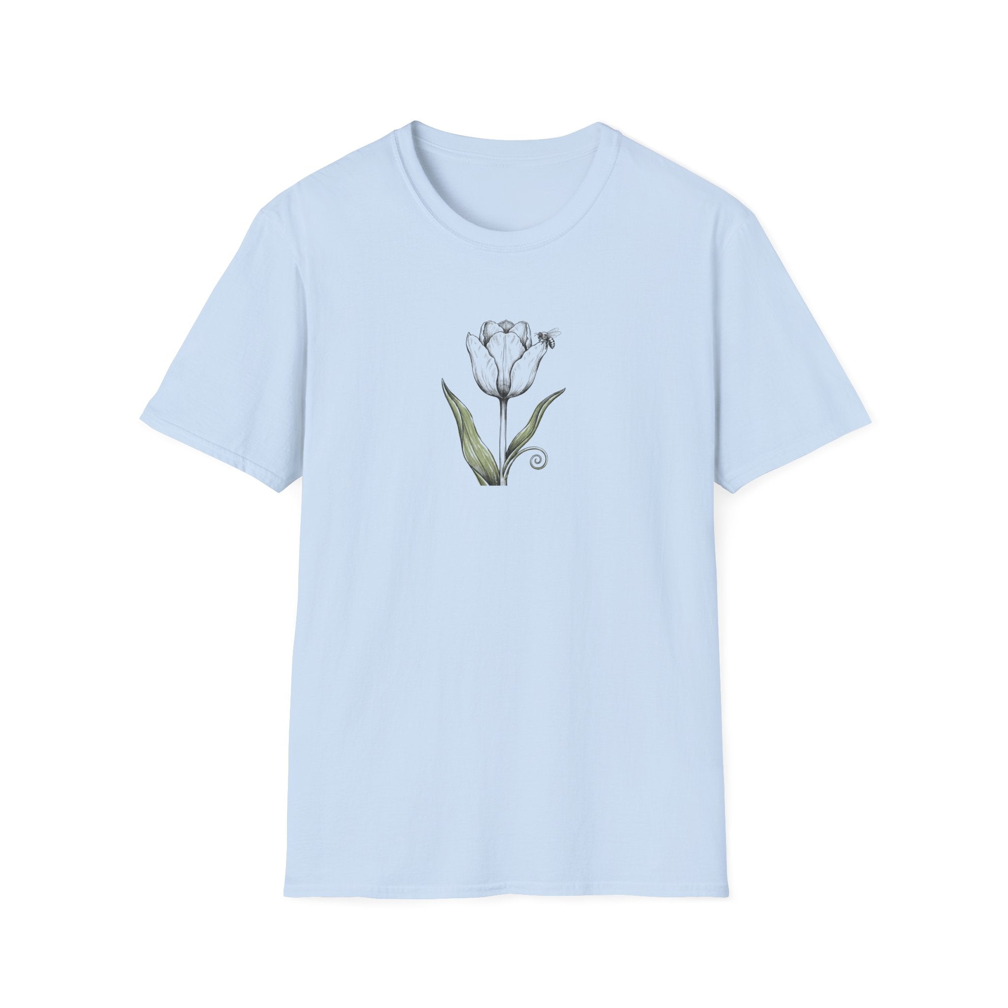 Minimalist White Tulip and Bee Unisex T-Shirt - Vintage Botanical Flower Graphic Tee