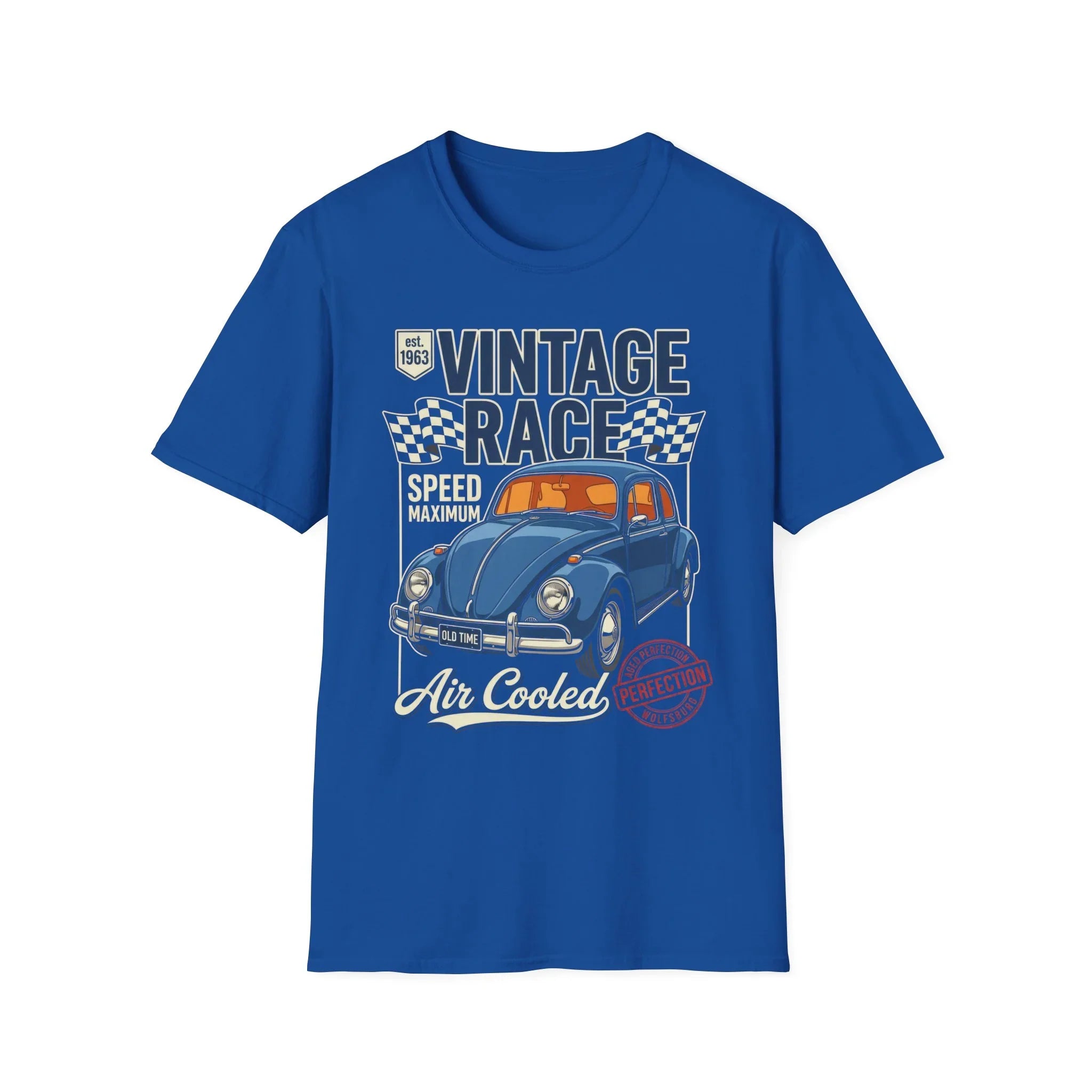 Blue vintage race t-shirt with classic car graphic and 'Air Cooled' text