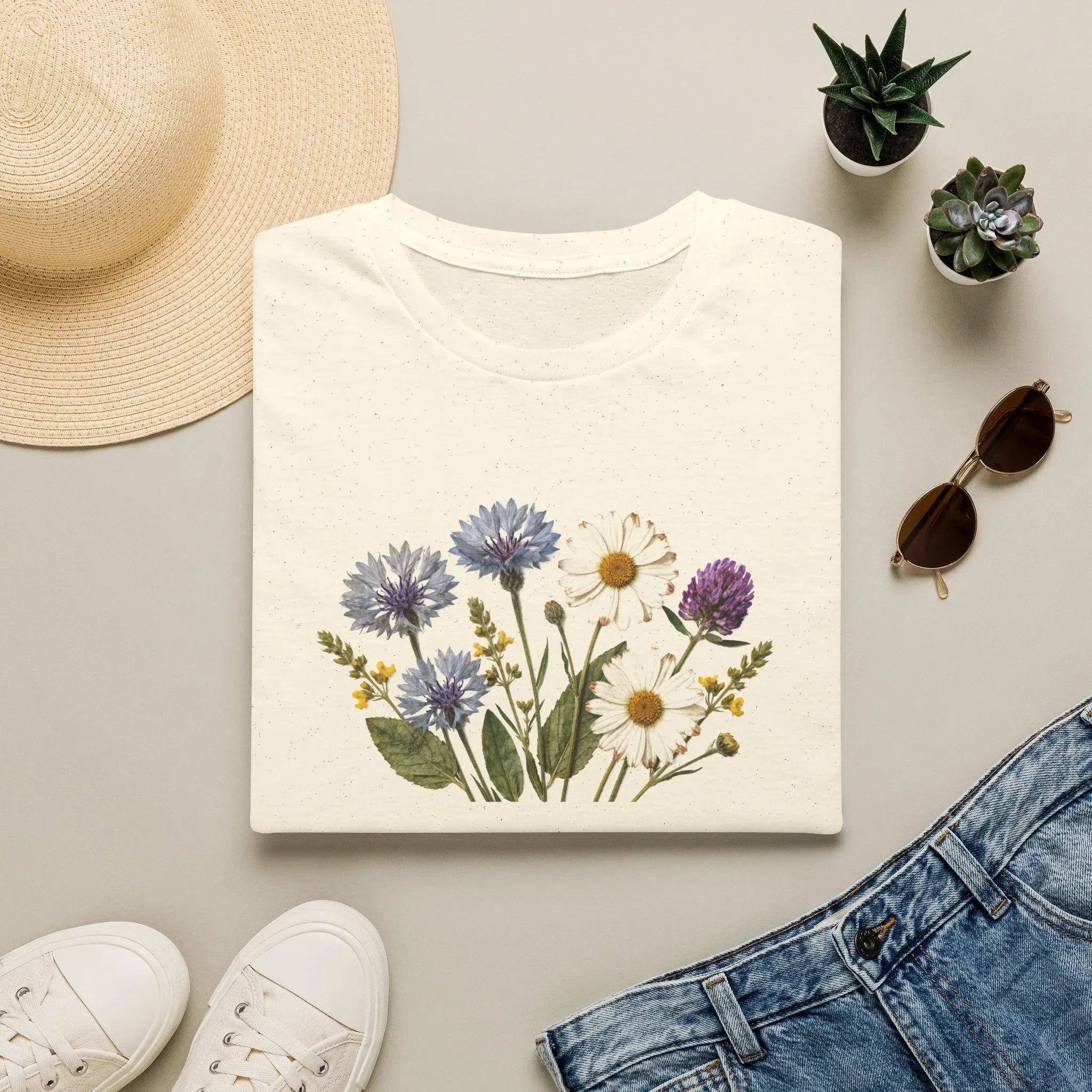 Vintage Cornflower and Daisy Unisex T-Shirt - Cottagecore Wildflower Botanical Graphic Tee