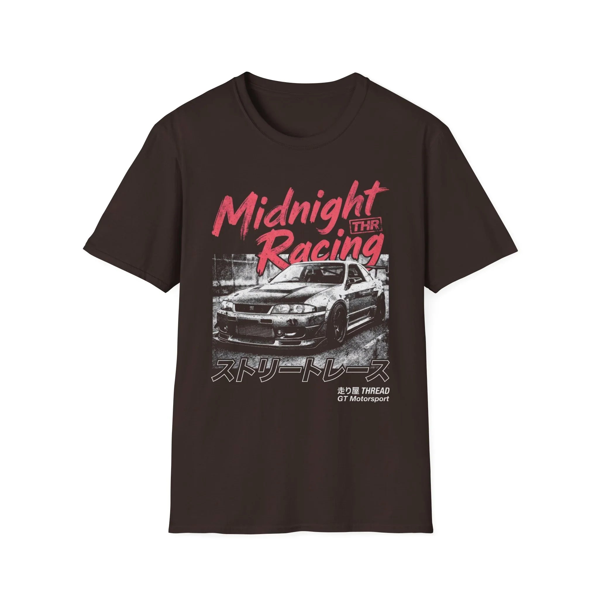 Midnight Racing T-Shirt with Street Race Car Graphic and Japanese Text Design