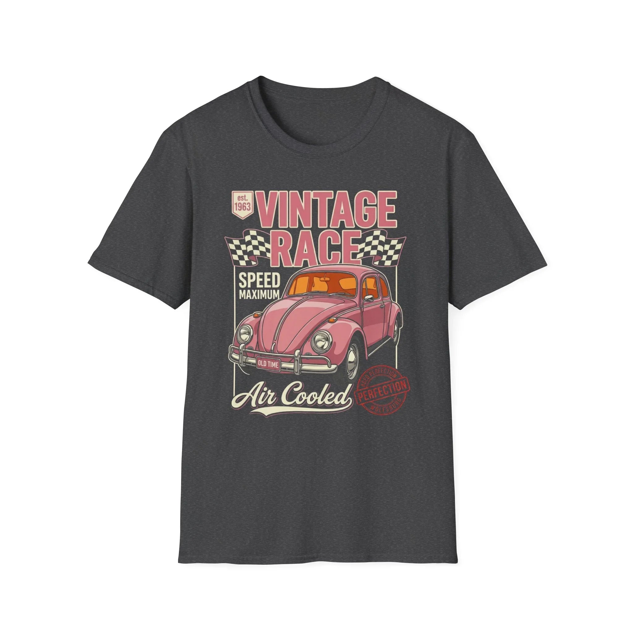Vintage race t-shirt with pink classic car, checkered flags, and 'Air Cooled' text design