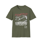 Olive green t-shirt with 'Midnight Racing' graphic, street race car, and 'THREAD GT' text design
