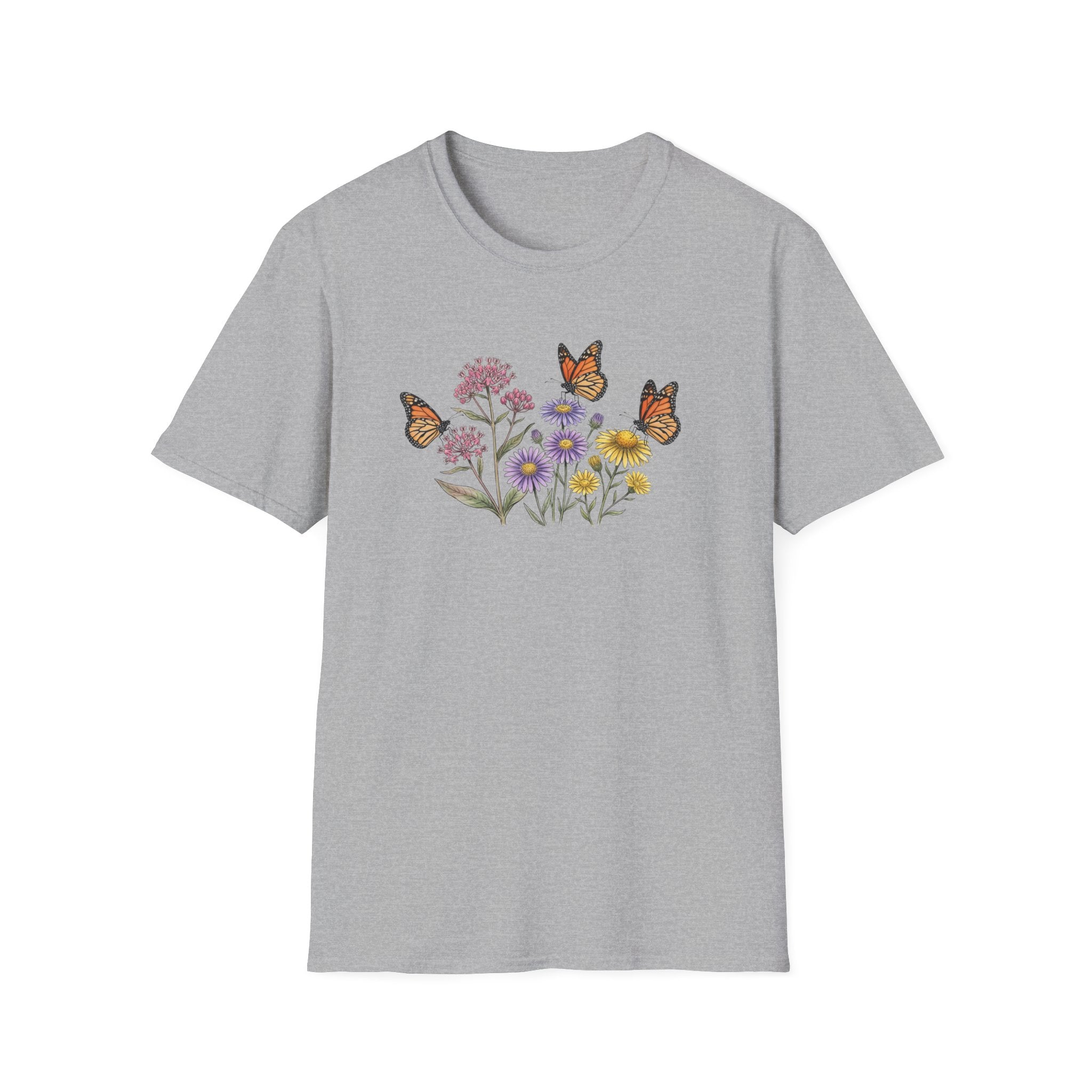 Vintage Wildflower and Monarch Butterfly Unisex T-Shirt - Cottagecore Floral Graphic Tee