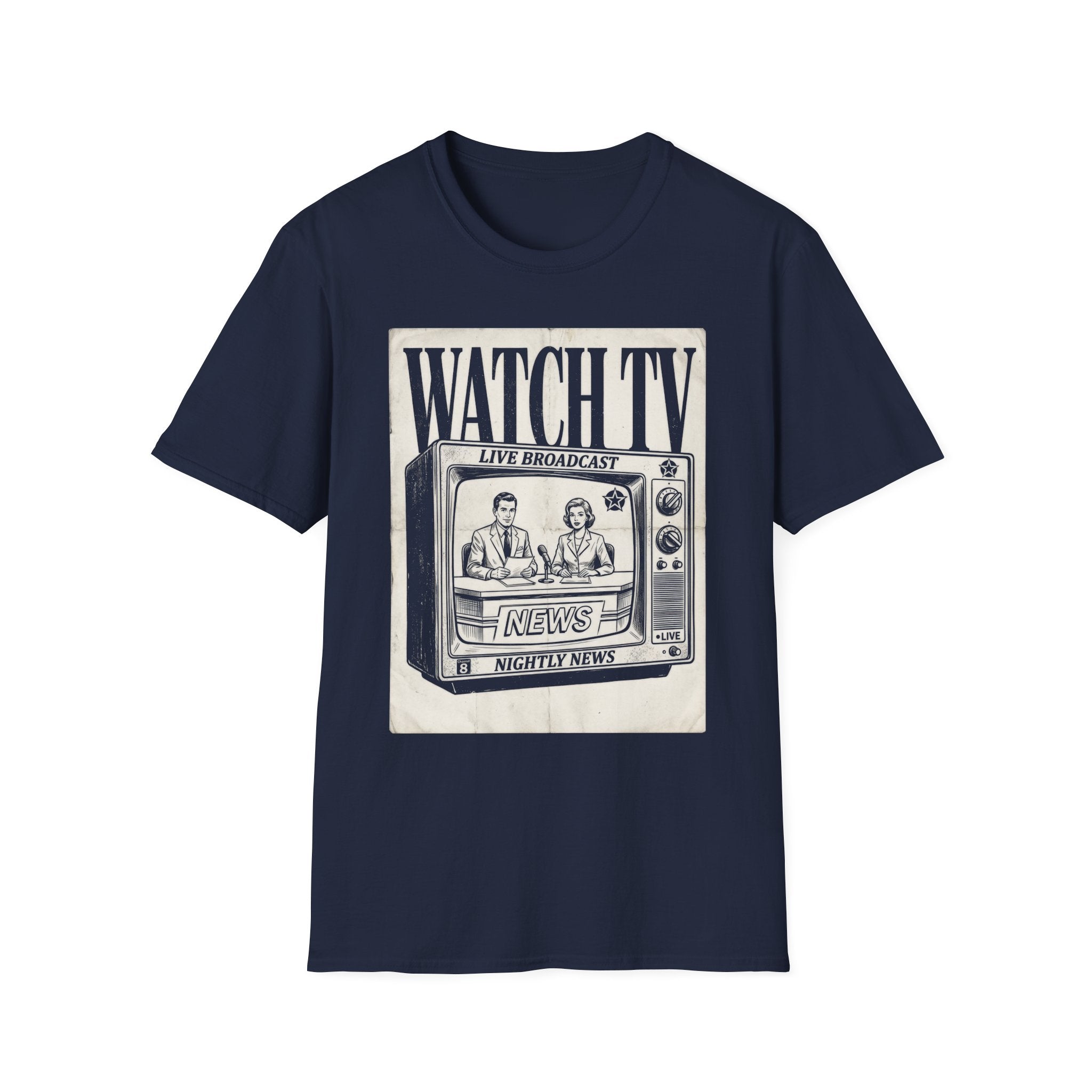Vintage "WATCH TV" News Graphic T-Shirt - Retro Broadcast Nostalgia Tee