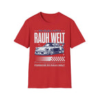 Red t-shirt featuring RAUH WELT Porsche 911 graphic with Japanese text and checkered flag design