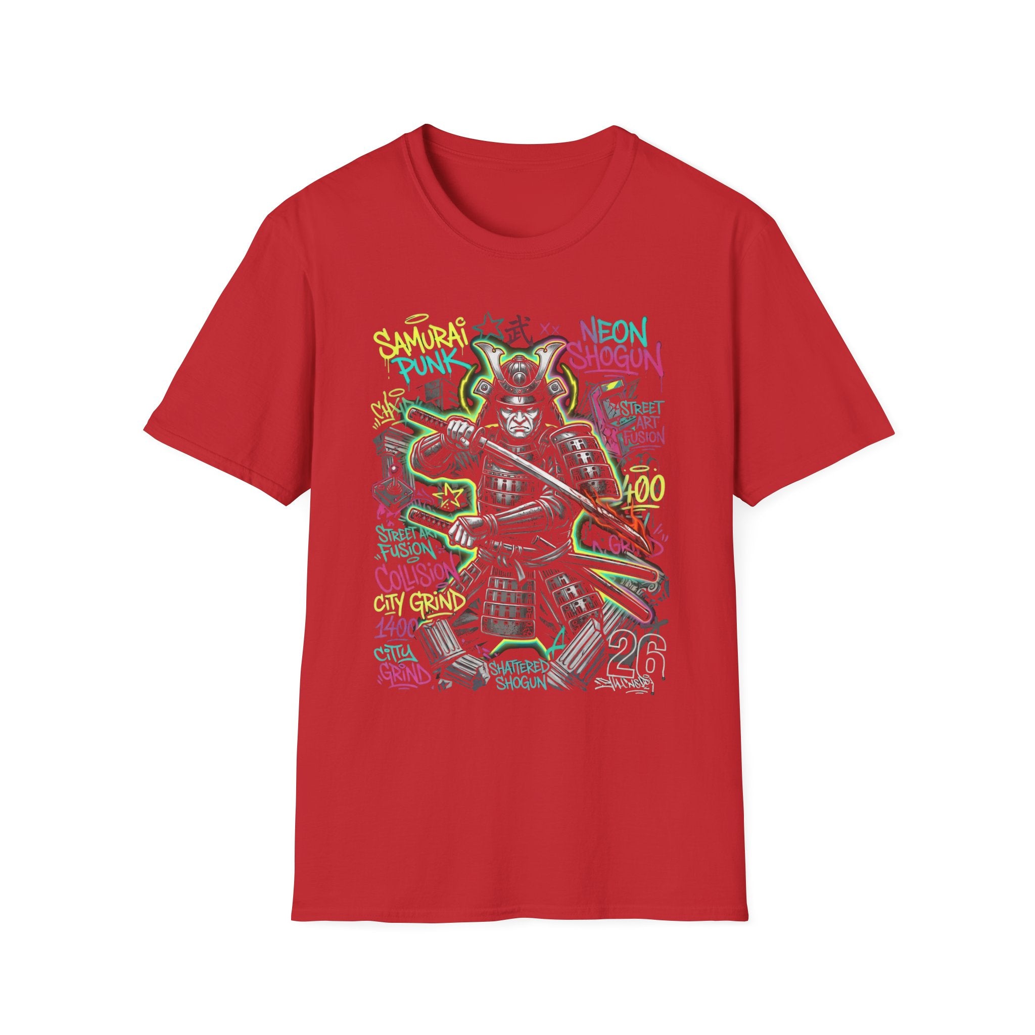 Samurai Punk Neon Graffiti Graphic T-Shirt - Urban Streetwear Warrior Tee