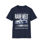 Navy t-shirt featuring Porsche 911 RAUH WELT design with Japanese text and checkered flag graphics