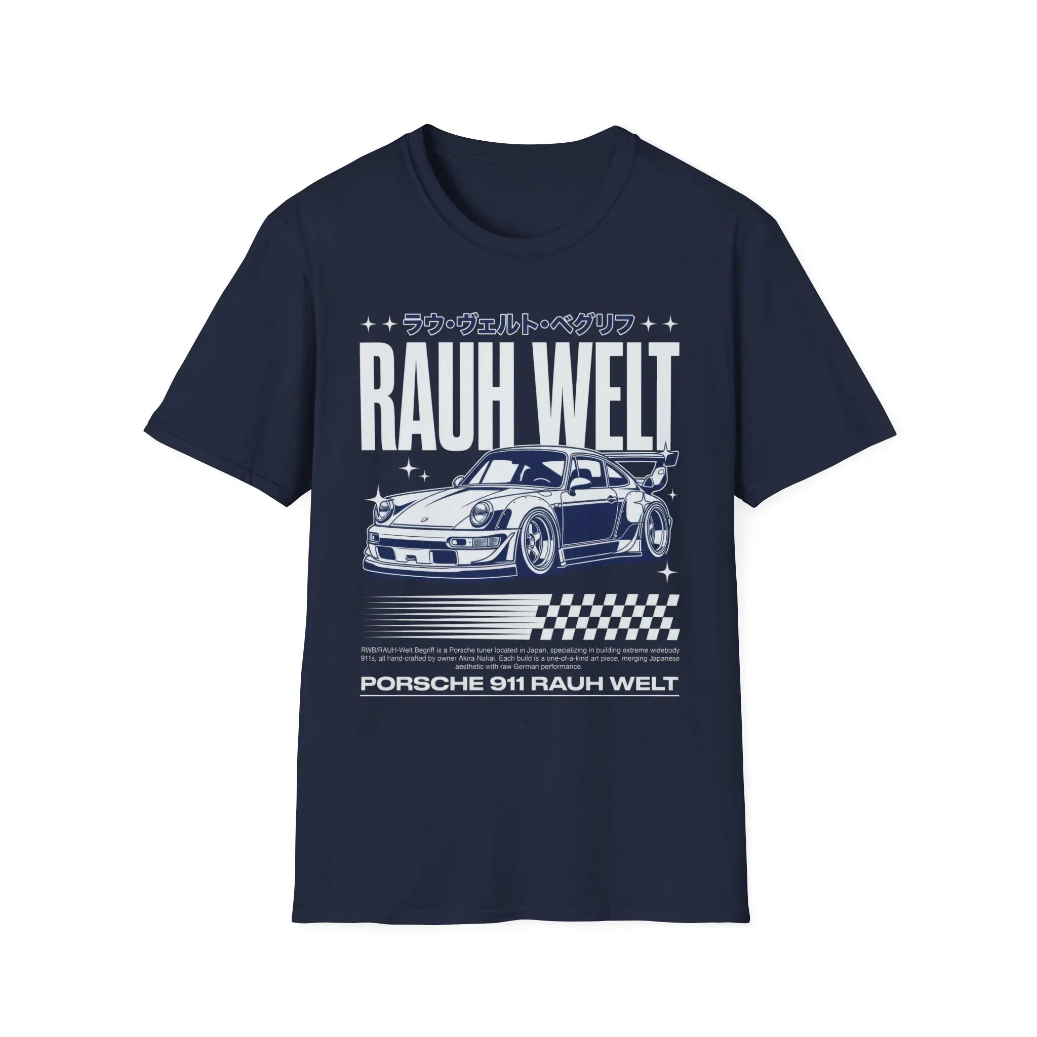 Navy t-shirt featuring Porsche 911 RAUH WELT design with Japanese text and checkered flag graphics