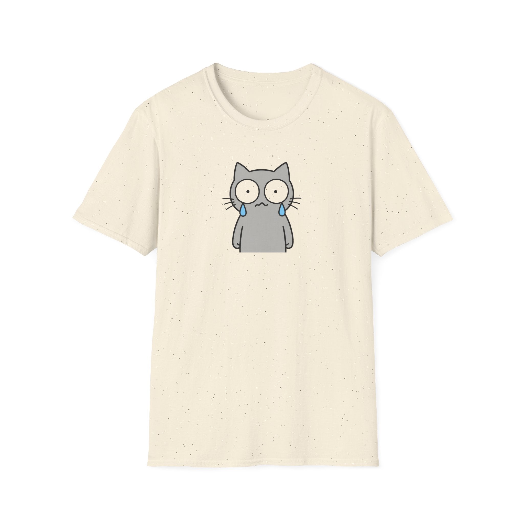Funny Crying Gray Cat Graphic T-Shirt - Cute Sad Kitten White Tee
