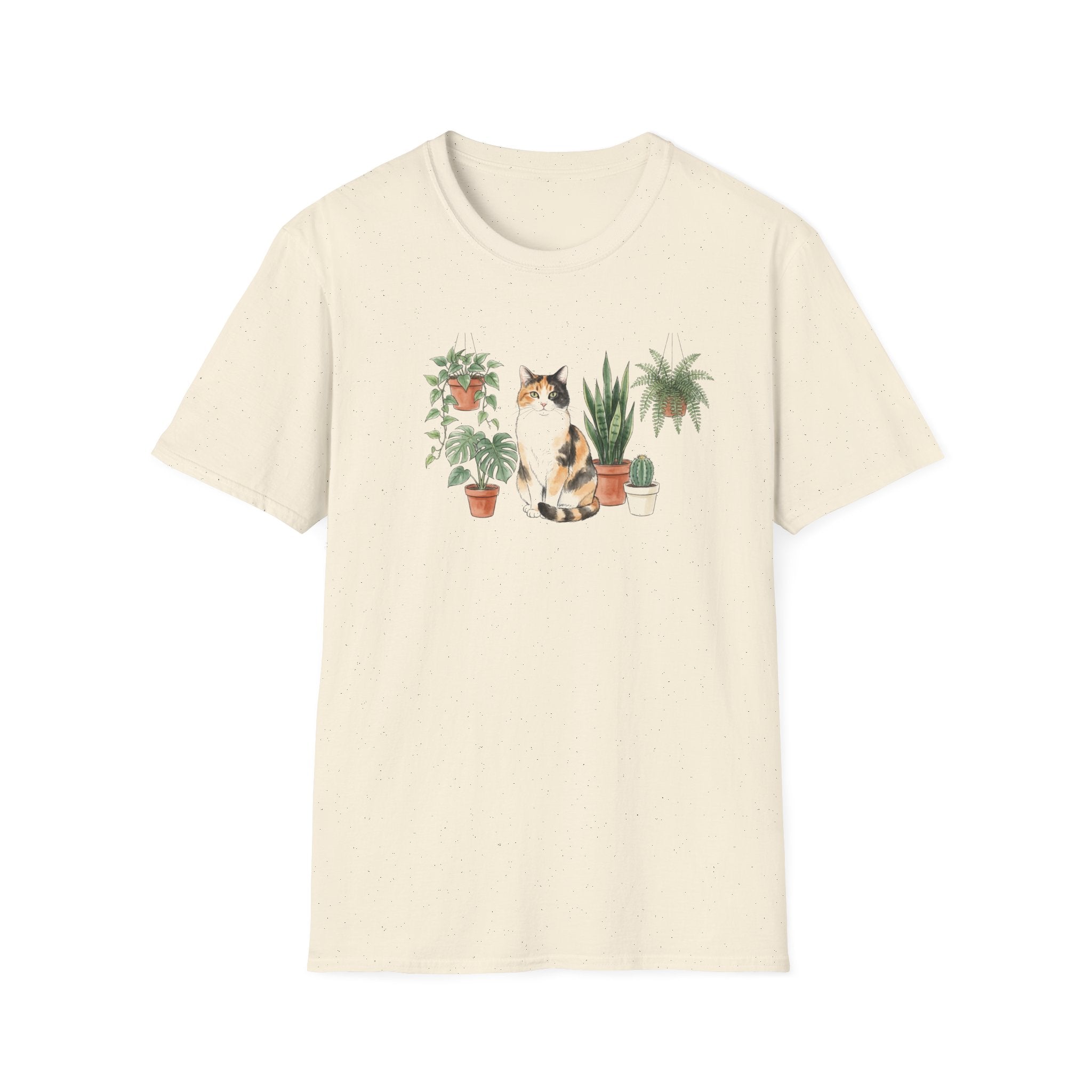 Vintage Calico Cat and Houseplants Unisex T-Shirt - Cute Botanical Cat Graphic Tee