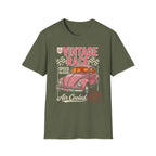 Olive green t-shirt with vintage pink race car graphic, 'Vintage Race' text, checkered flags, and 'Air Cooled' design