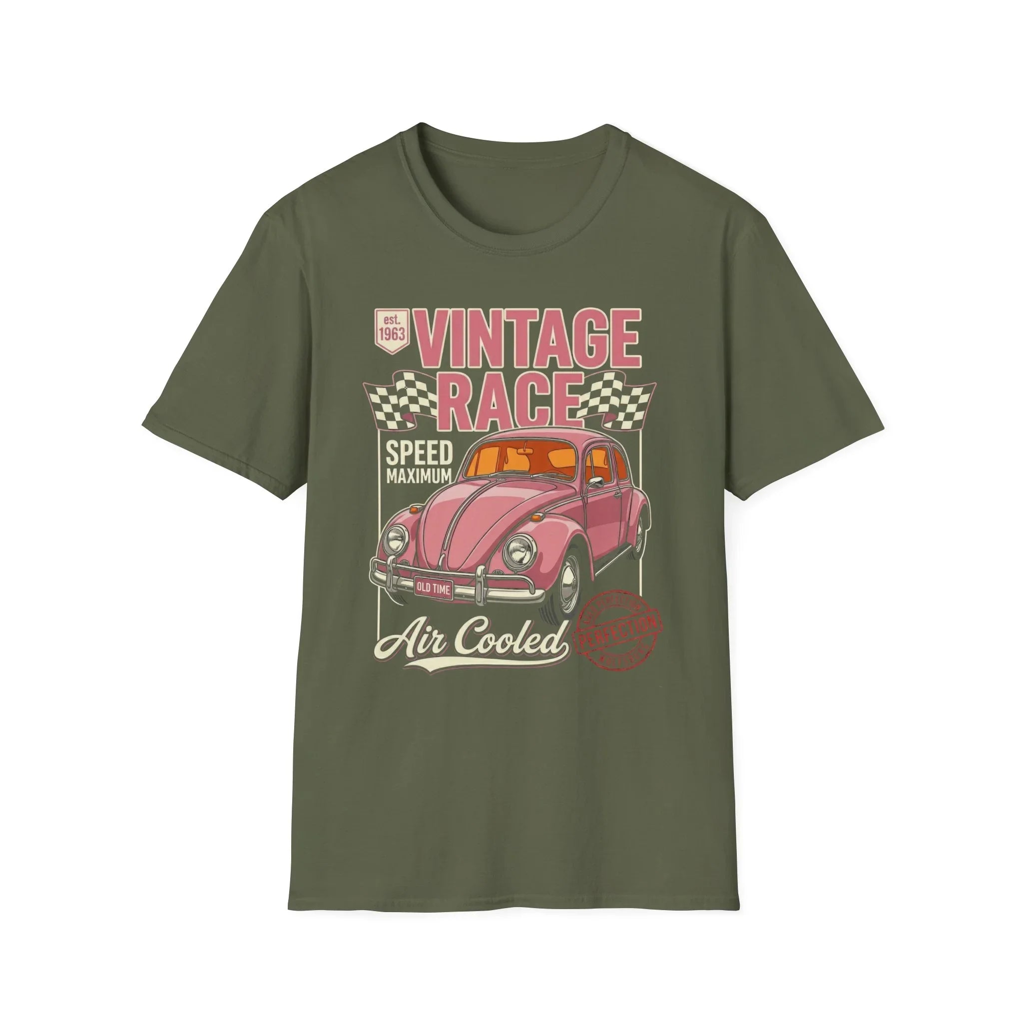 Olive green t-shirt with vintage pink race car graphic, 'Vintage Race' text, checkered flags, and 'Air Cooled' design