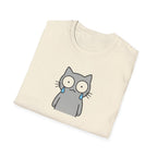 Funny Crying Gray Cat Graphic T-Shirt - Cute Sad Kitten White Tee