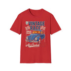 Red vintage race t-shirt with blue classic car, checkered flags, and 'Air Cooled' text