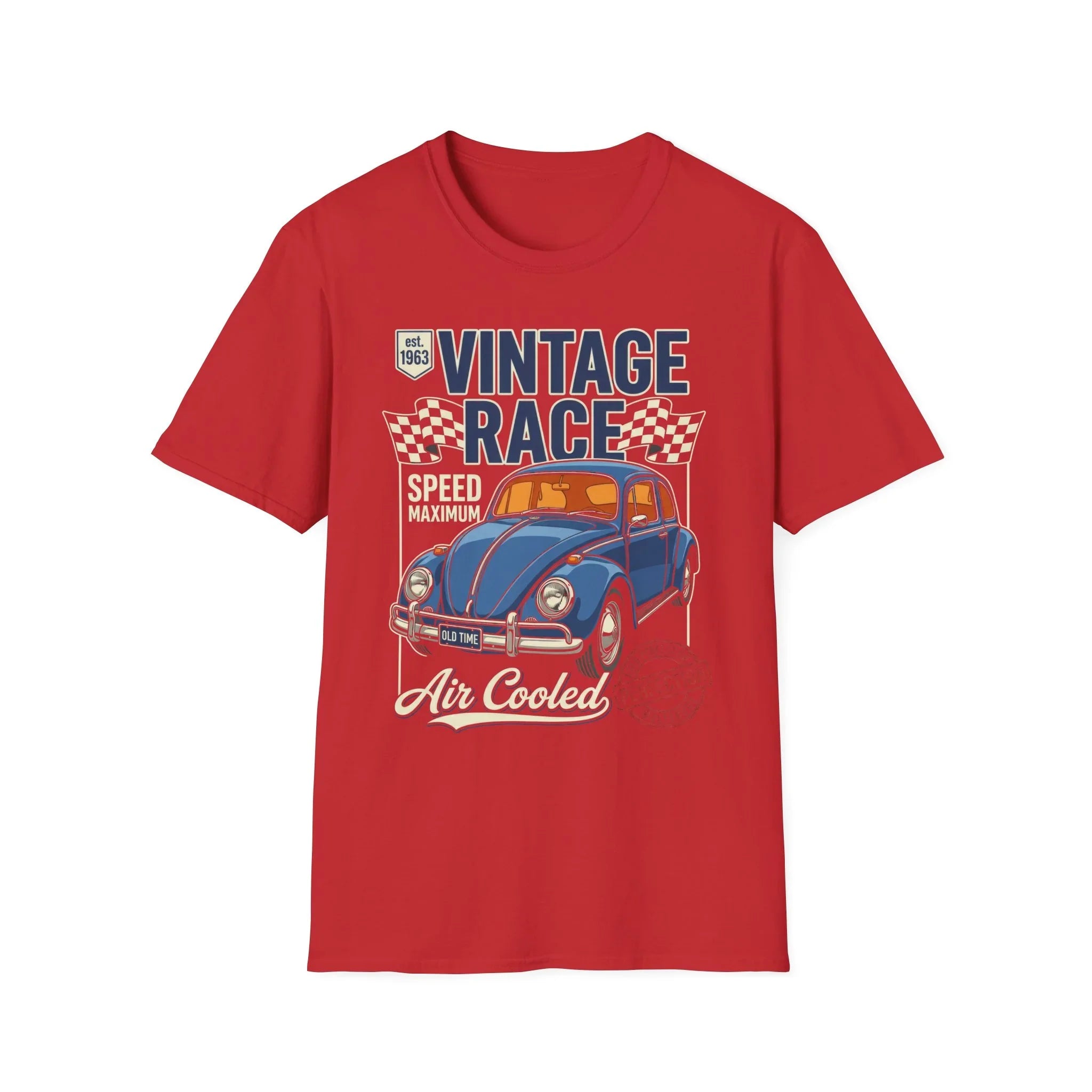 Red vintage race t-shirt with blue classic car, checkered flags, and 'Air Cooled' text