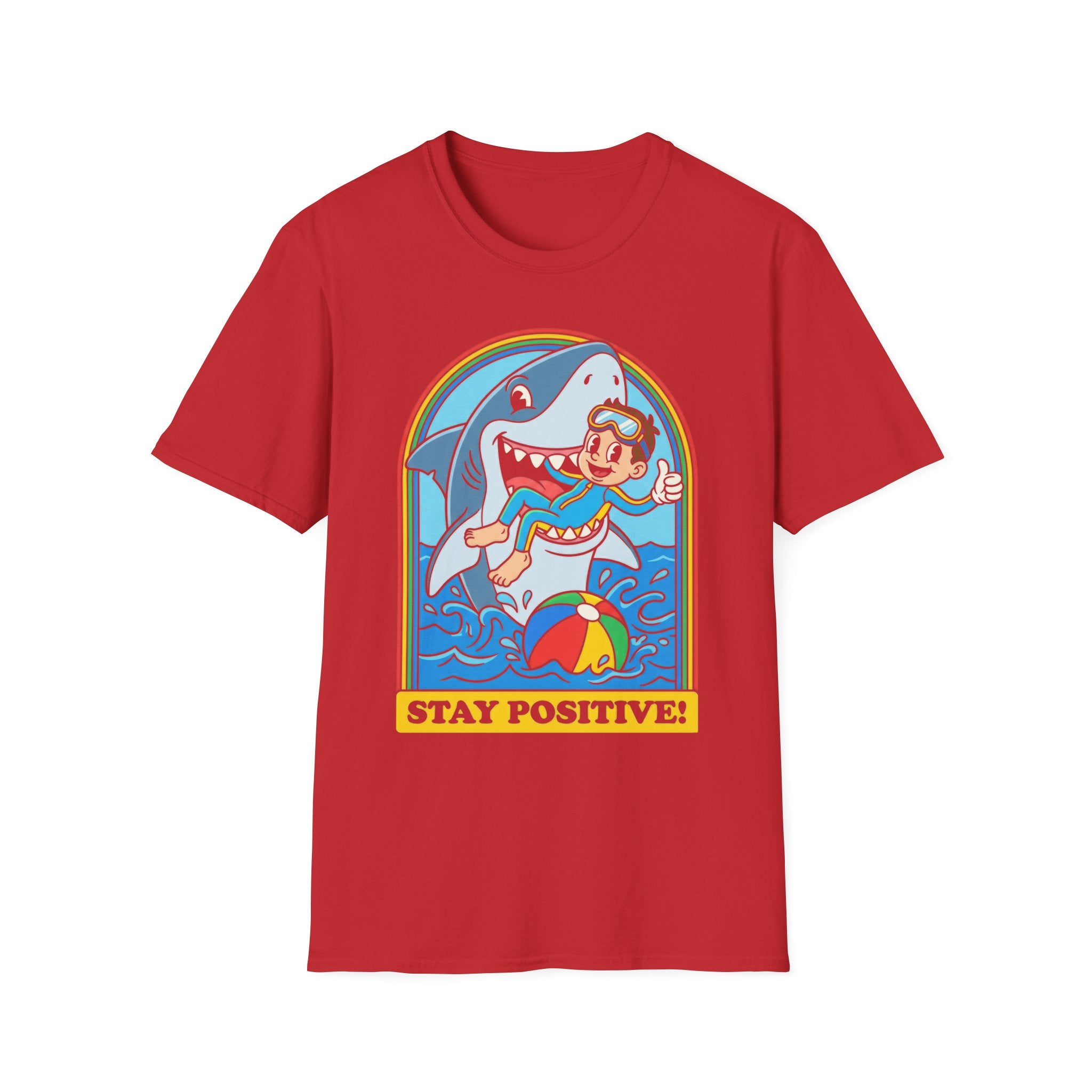 Stay Positive Shark Graphic T-Shirt - Retro Cartoon Ocean Fun Tee