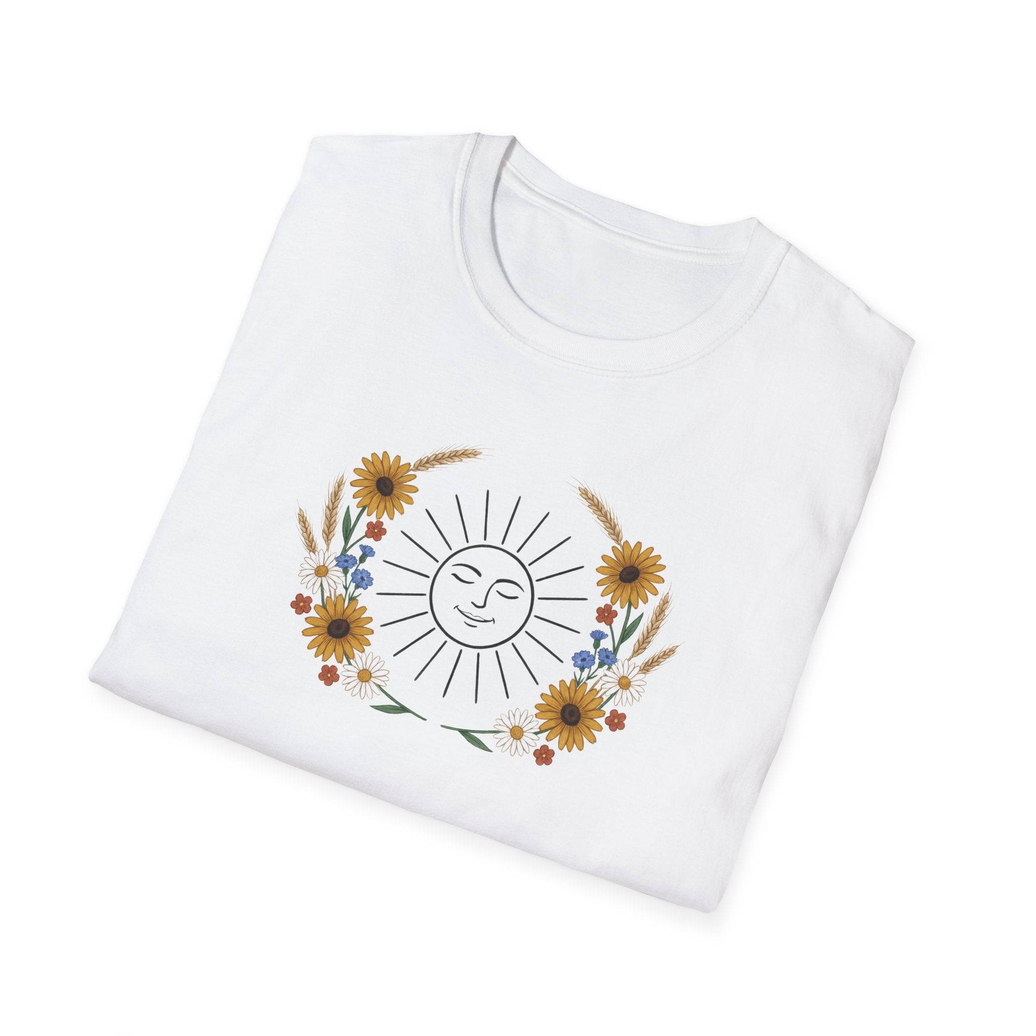 Vintage Celestial Sun Graphic T-Shirt | Boho Wildflower Cottagecore Unisex Tee