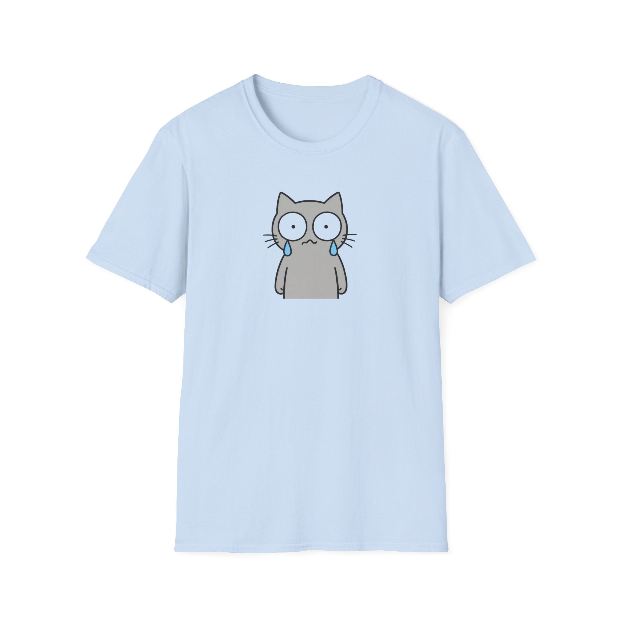 Funny Crying Gray Cat Graphic T-Shirt - Cute Sad Kitten White Tee