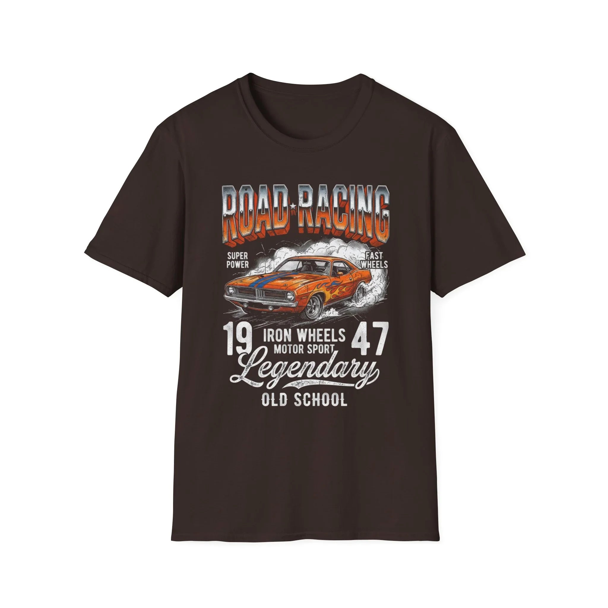 Vintage road racing t-shirt with classic muscle car graphic and 'Legendary Old School' text
