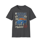 Vintage race t-shirt with blue classic car, checkered flags, and 'Air Cooled' text design