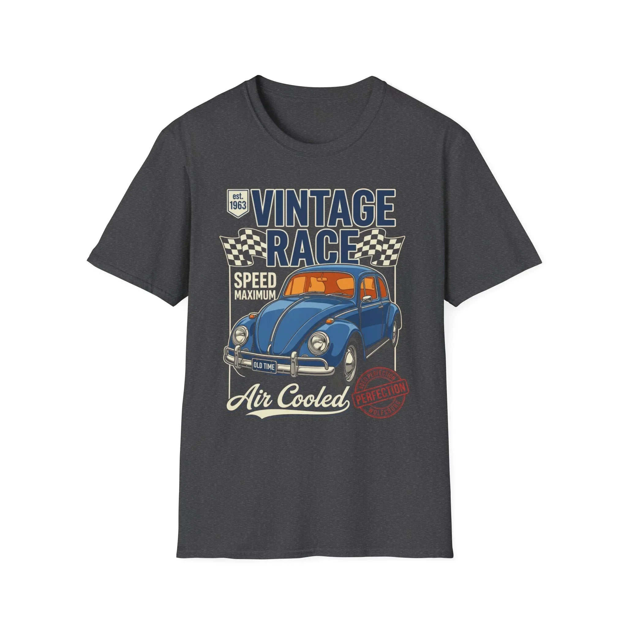 Vintage race t-shirt with blue classic car, checkered flags, and 'Air Cooled' text design