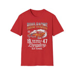 Red t-shirt with vintage road racing car graphic, 'Road Racing' text, and 'Legendary Old School' design