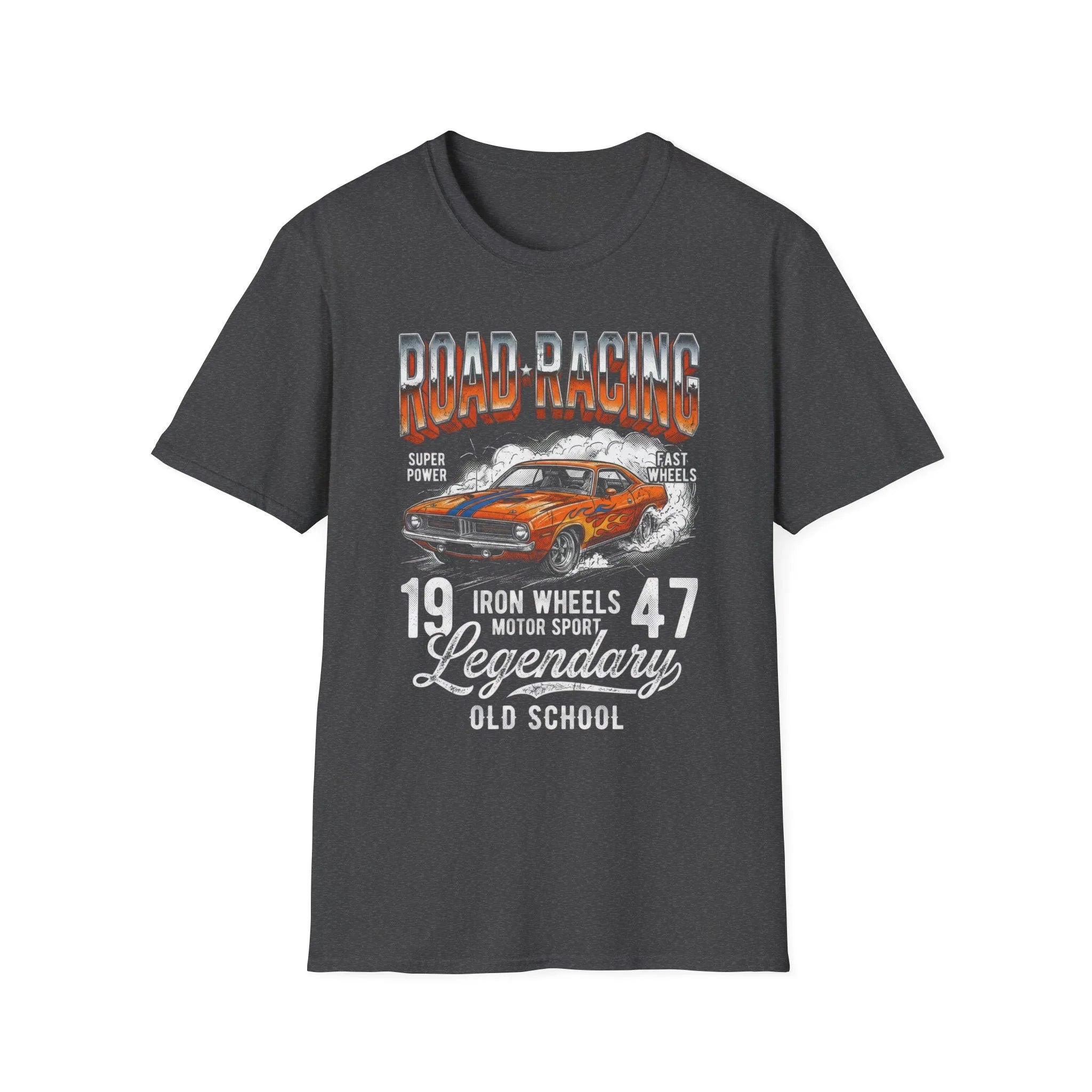Dark gray t-shirt with vintage road racing car graphic, 'Road Racing' text, and 'Legendary Old School' design for motor sport fans.