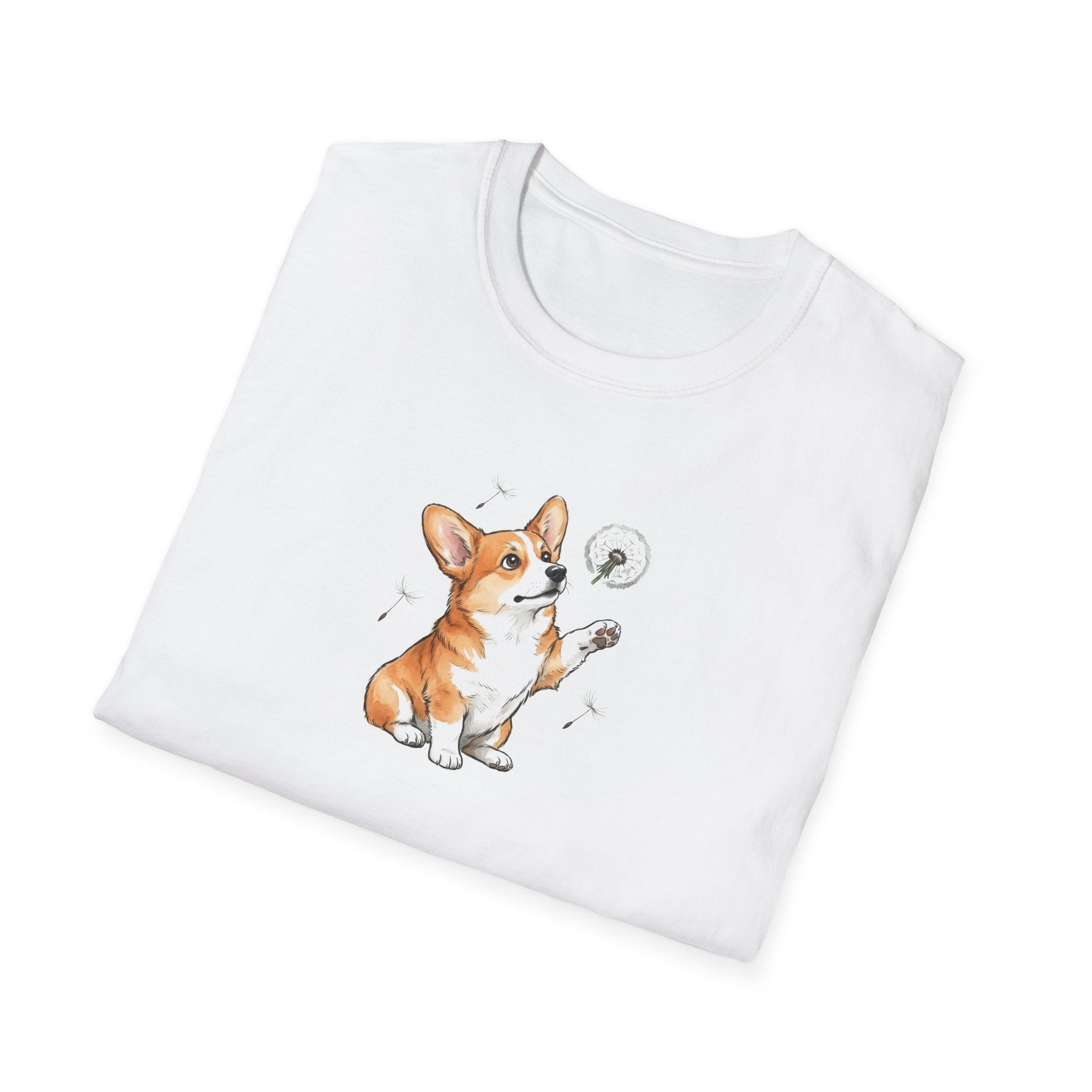 Adorable Corgi with Dandelion Unisex T-Shirt – Cute Dog Lover Graphic Tee