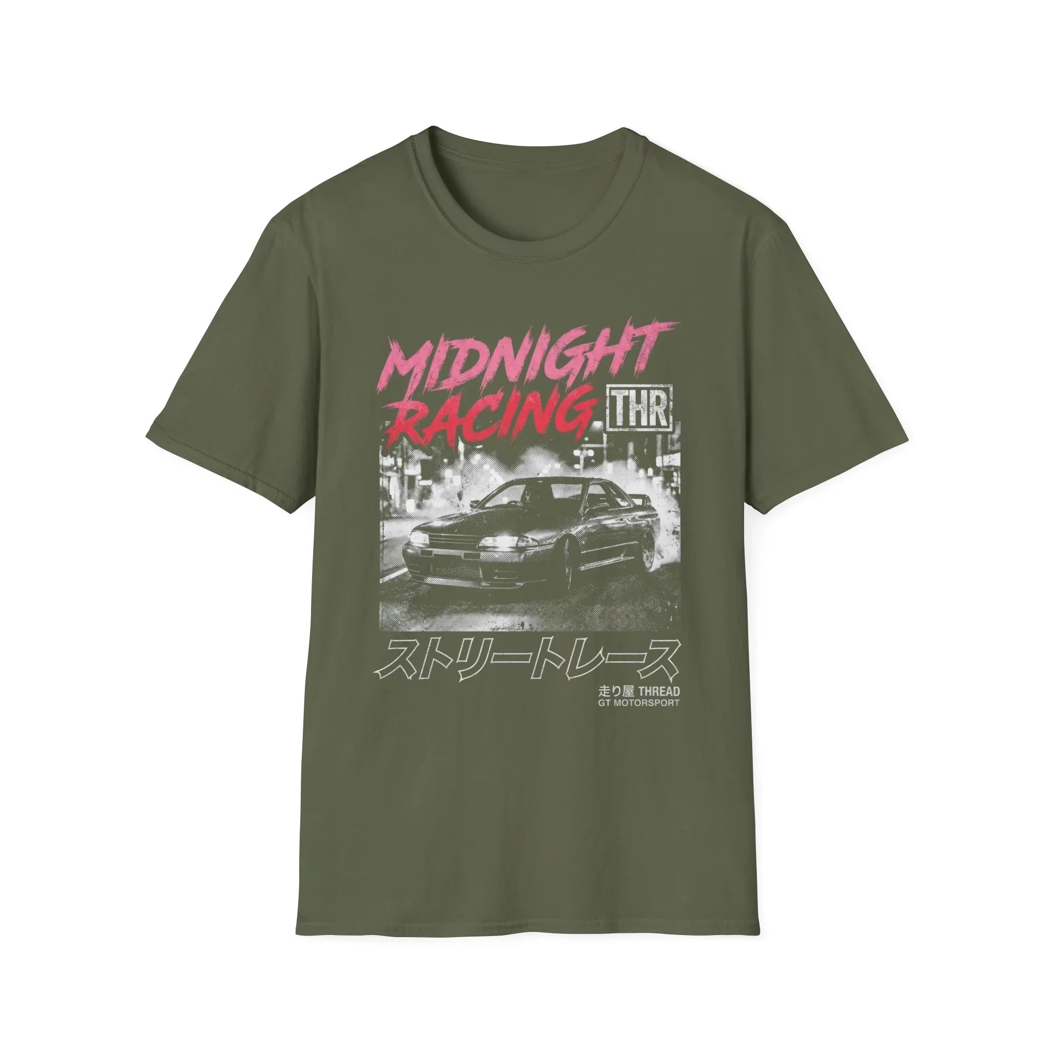 Midnight Racing T-Shirt with Street Race Car Graphic and Japanese Text Design