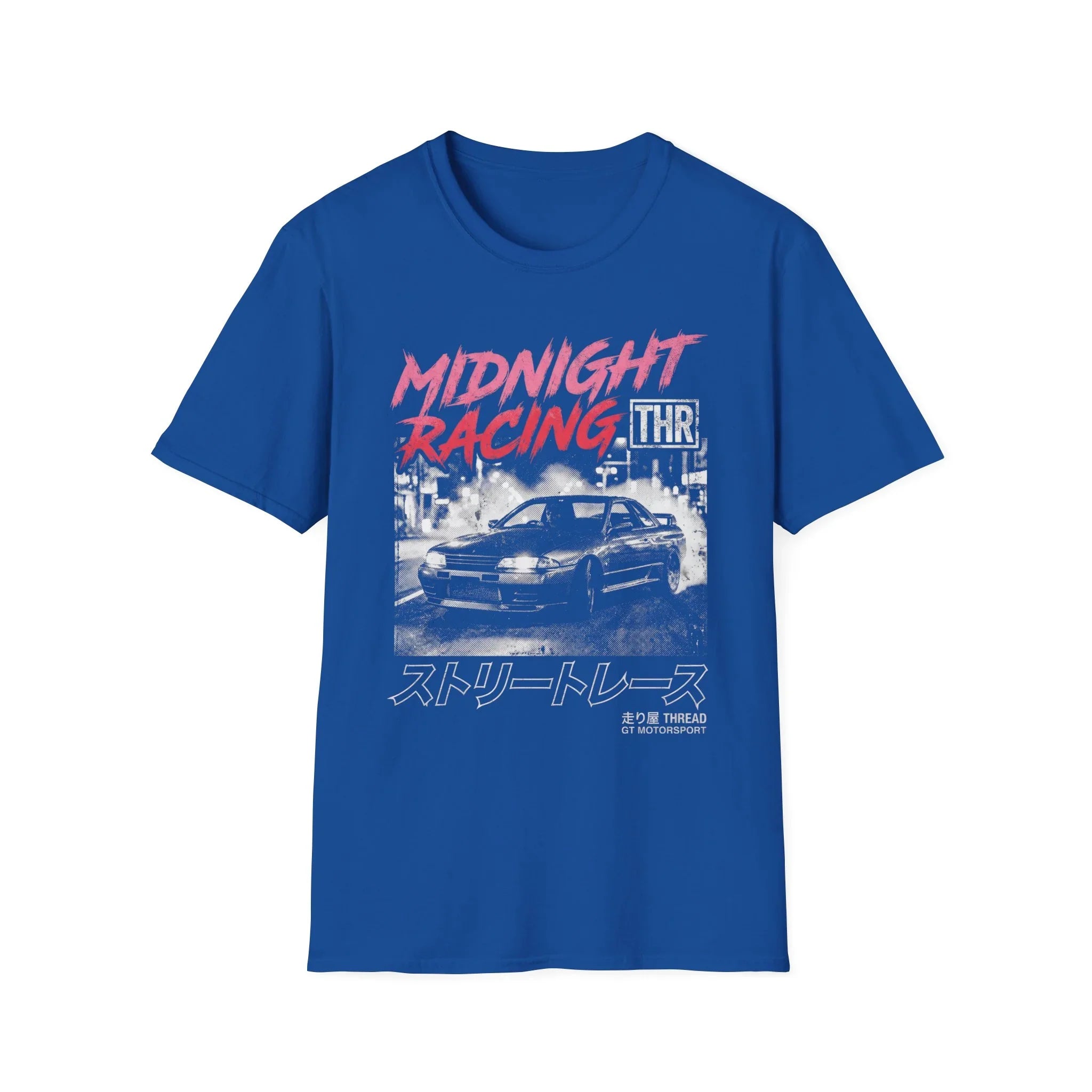 Blue t-shirt with 'Midnight Racing' graphic, featuring a street race car and Japanese text design.