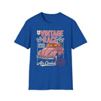Blue vintage race t-shirt featuring pink classic car, checkered flags, 'Air Cooled' text, and 'est. 1963' design