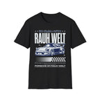 Black t-shirt featuring Porsche 911 RAUH WELT design with Japanese text and checkered flag graphic