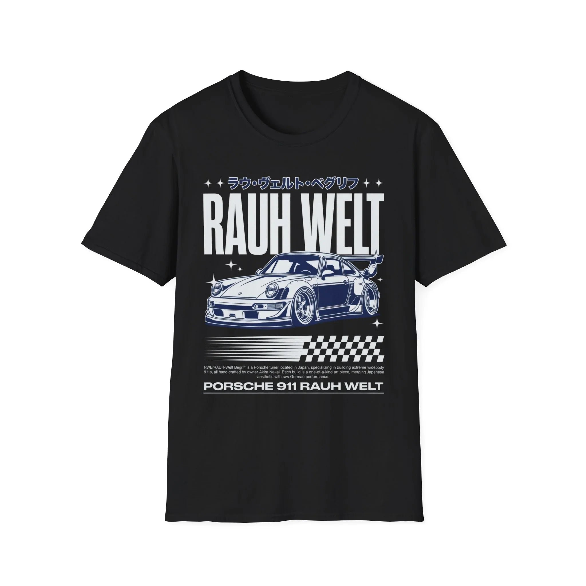 Black t-shirt featuring Porsche 911 RAUH WELT design with Japanese text and checkered flag graphic