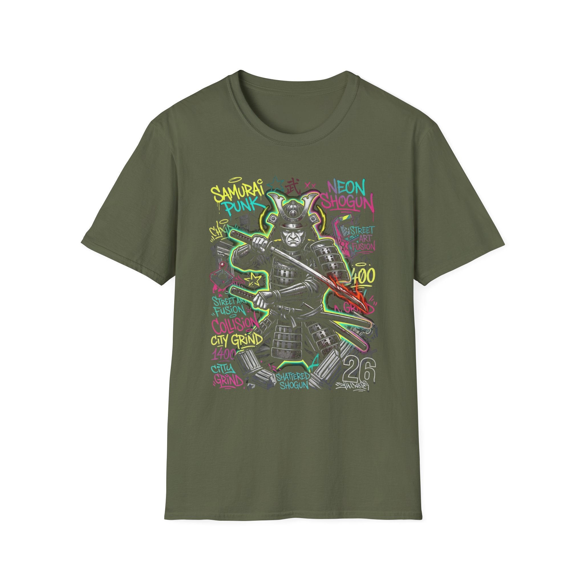 Samurai Punk Neon Graffiti Graphic T-Shirt - Urban Streetwear Warrior Tee