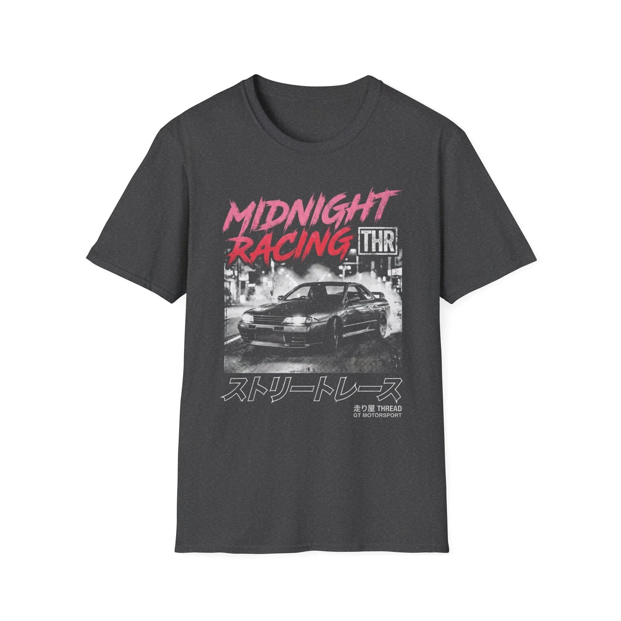 Midnight Racing T-shirt with street race car graphic and Japanese text design