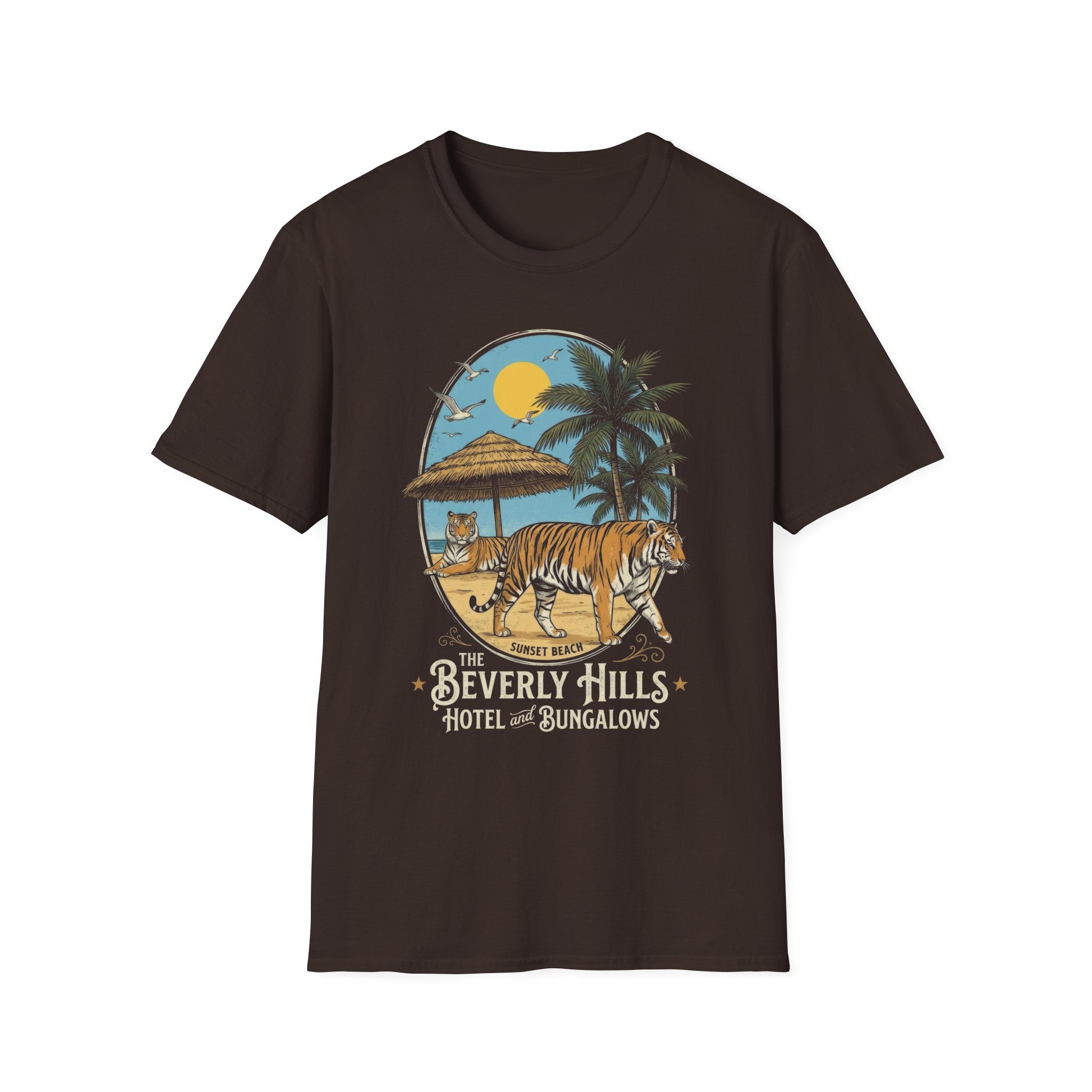 Vintage Sunset Beach Tiger Graphic T-Shirt - Beverly Hills Hotel Style