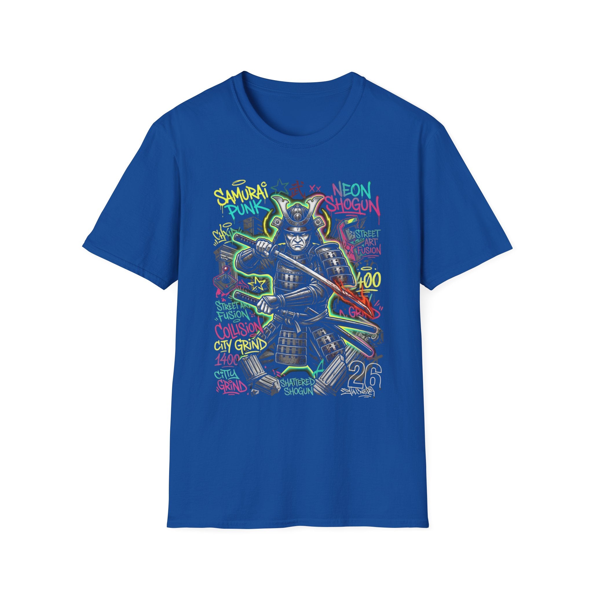 Samurai Punk Neon Graffiti Graphic T-Shirt - Urban Streetwear Warrior Tee