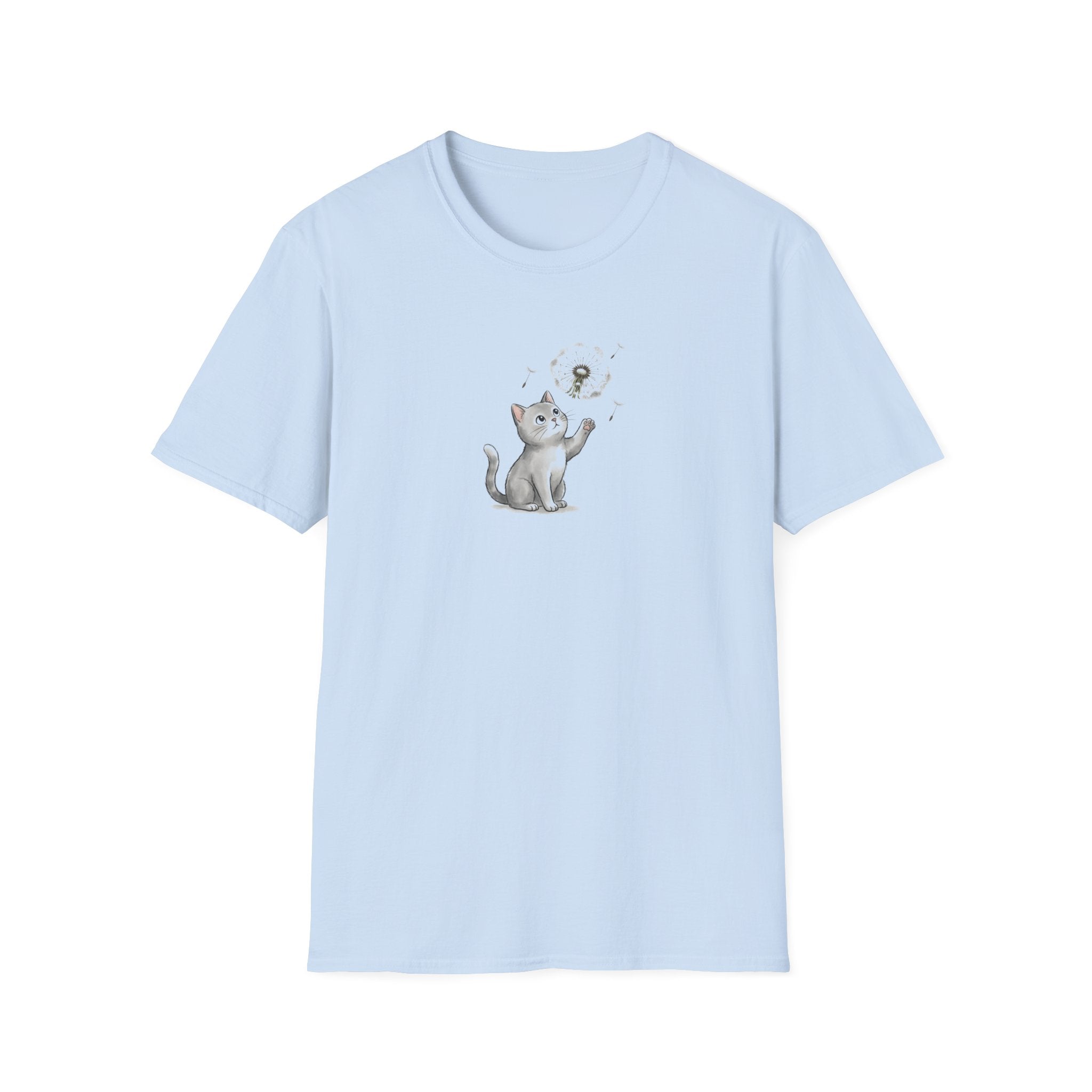Whimsical Cat and Dandelion Unisex T-Shirt – Cute Kitten Graphic Tee