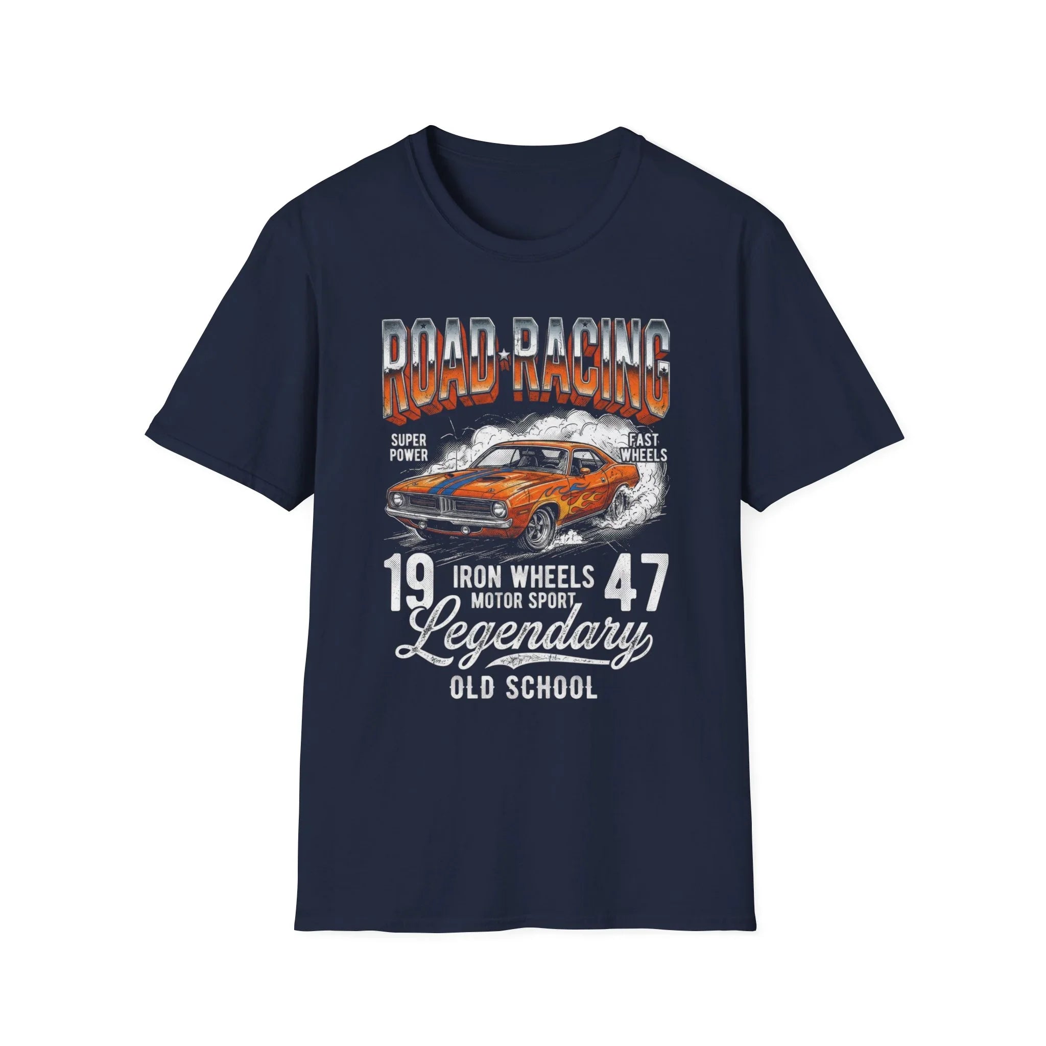 Road Racing T-Shirt with Classic Muscle Car Design, Super Power, Fast Wheels, Legendary Old School