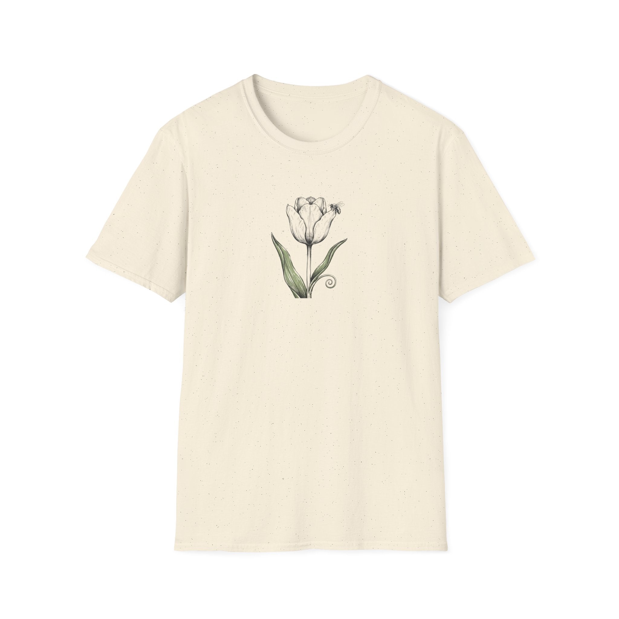 Minimalist White Tulip and Bee Unisex T-Shirt - Vintage Botanical Flower Graphic Tee