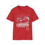 Red t-shirt with Midnight Racing graphic, street race car design, and Japanese text for motorsport fans