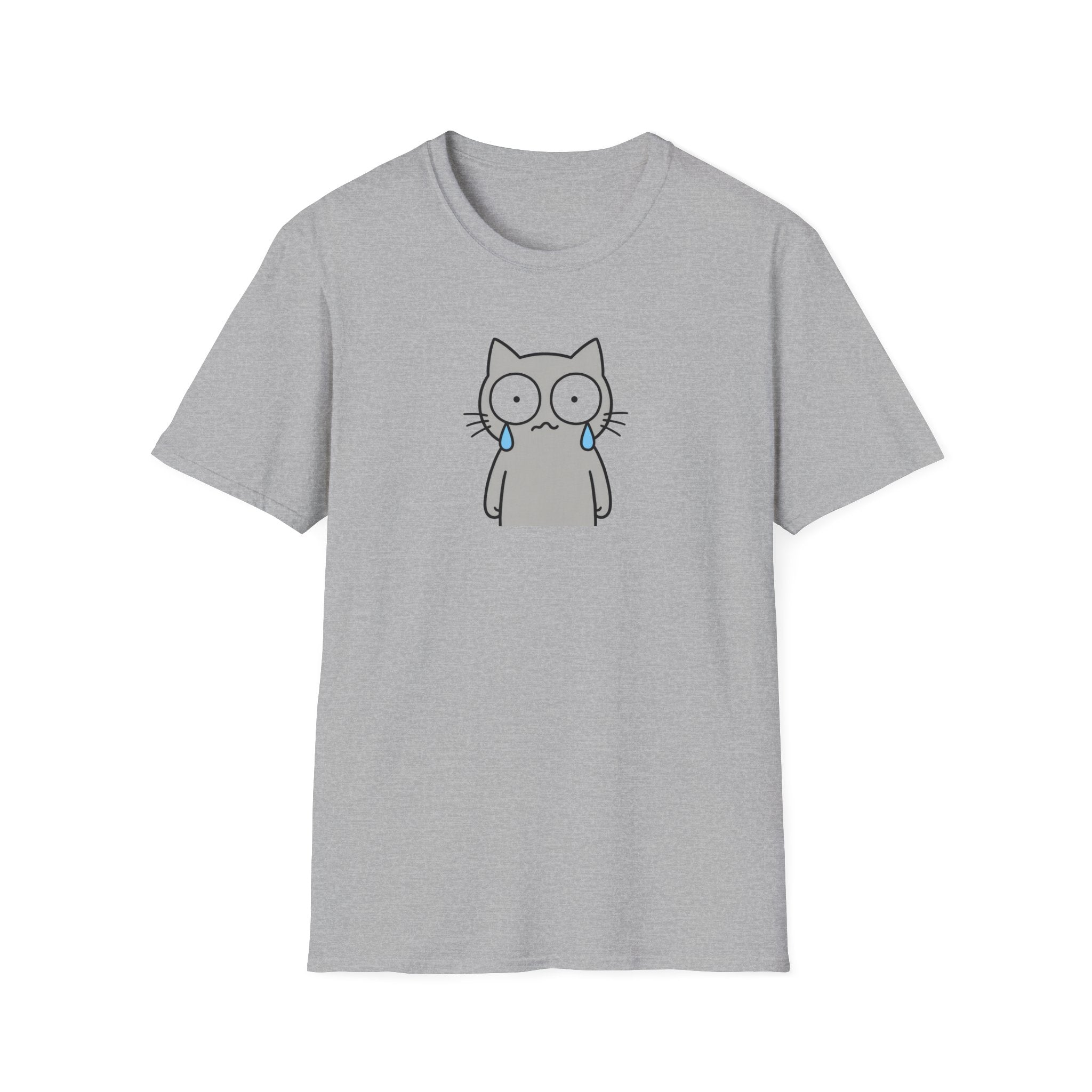 Funny Crying Gray Cat Graphic T-Shirt - Cute Sad Kitten White Tee