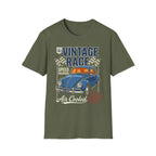 Vintage race t-shirt with blue classic car, checkered flags, and 'Air Cooled' text design