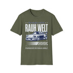 Olive green t-shirt featuring RAUH WELT Porsche 911 graphic with Japanese text and checkered flag design